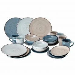 24-teiliges Kombiservice - blau-hellblau-taupe-Steingut - Porzellan