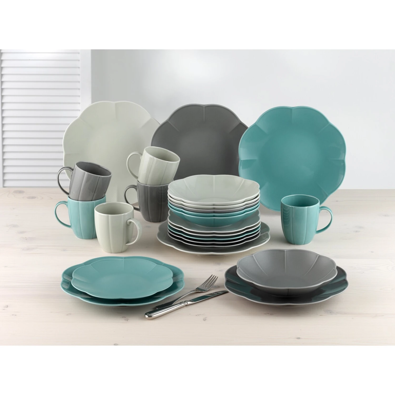 24-teiliges Kombiservice - grau-beige-petrol - Porzellan 4 24-teiliges Kombiservice - grau-beige-petrol - Porzellan – Bild 2