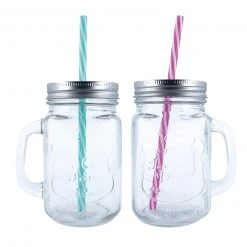 Henkelglas - mit Deckel und Trinkhalm - sortiert - 450 ml